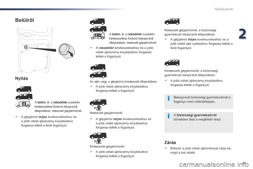Peugeot Expert VU 2016  Kezelési útmutató (in Hungarian) 93
Expert_hu_Chap02_ouvertures_ed01-2016
Bekapcsolt biztonsági gyermekzárnál a 
fogantyú nem működőképes.
A biztonsági gyermekzárról 
bővebben lásd a megfelelő részt.
Belülről
Nyitás