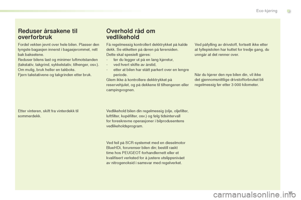 Peugeot Expert VU 2016  Brukerhåndbok (in Norwegian) 13
Expert_no_Chap00c_eco-conduite_ed01-2016
Reduser årsakene til 
overforbruk
Fordel vekten jevnt over hele bilen. Plasser den 
tyngste bagasjen innerst i bagasjerommet, rett 
bak baksetene.
Reduser 