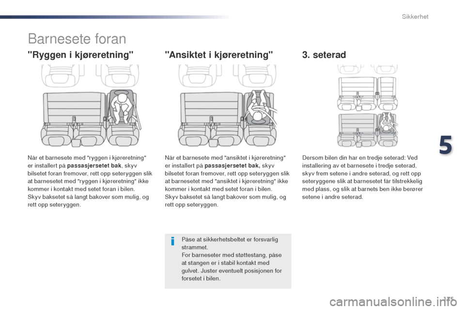 Peugeot Expert VU 2016  Brukerhåndbok (in Norwegian) 175
Expert_no_Chap05_securite_ed01-2016
Barnesete foran
"Ryggen i kjøreretning"
Når et barnesete med "ryggen i kjøreretning" 
er installert på passasjersetet bak, skyv 
bilsetet foran fremover, re
