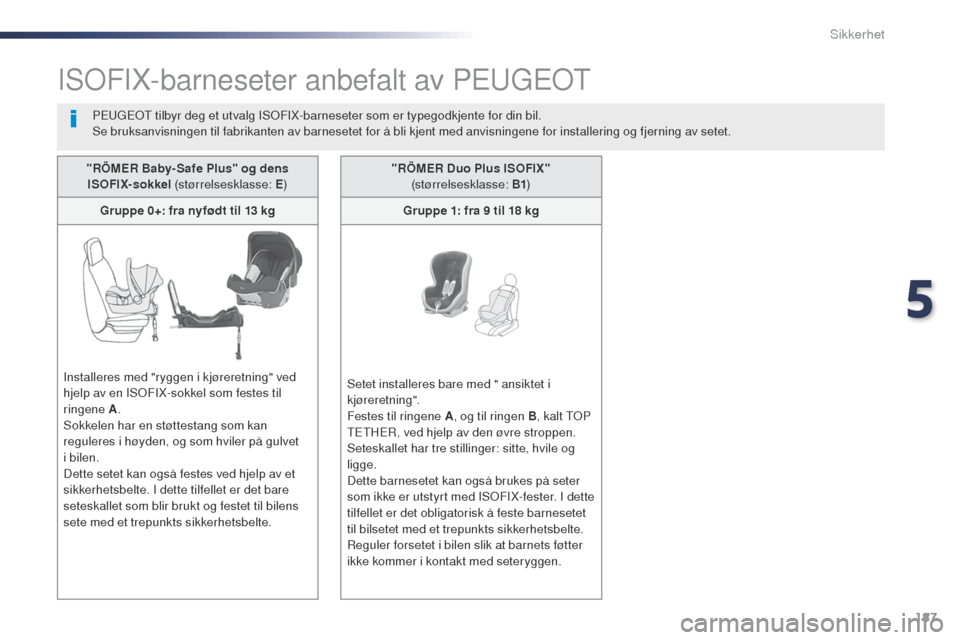 Peugeot Expert VU 2016  Brukerhåndbok (in Norwegian) 187
Expert_no_Chap05_securite_ed01-2016
ISoFIX-barneseter anbefalt av PEugEo t
PEugEot tilbyr deg et utvalg ISoF IX-barneseter som er typegodkjente for din bil.
Se bruksanvisningen til fabrikanten av 