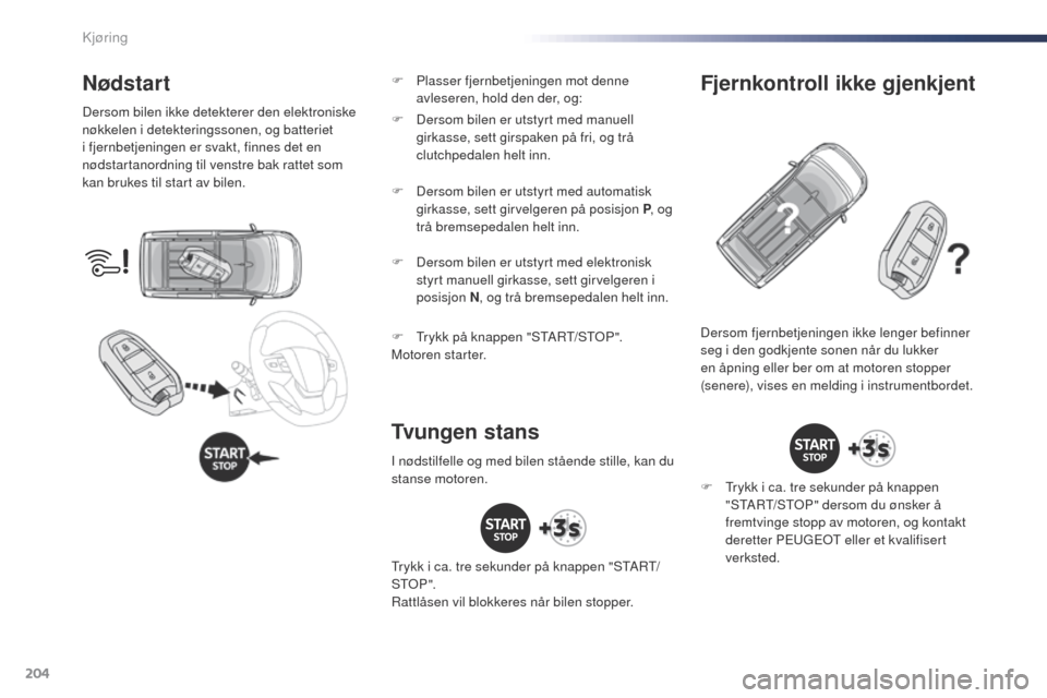 Peugeot Expert VU 2016  Brukerhåndbok (in Norwegian) 204
Expert_no_Chap06_conduite_ed01-2016
Nødstart
Dersom bilen ikke detekterer den elektroniske 
nøkkelen i detekteringssonen, og batteriet 
i fjernbetjeningen er svakt, finnes det en 
nødstartanord