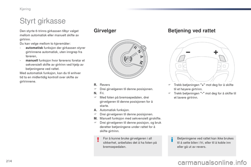 Peugeot Expert VU 2016  Brukerhåndbok (in Norwegian) 214
Expert_no_Chap06_conduite_ed01-2016
Styrt girkasse
R.   Revers
F
 D rei girvelgeren til denne posisjonen.
N.  
 
Fr
 i.
F
 
M
 ed foten på bremsepedalen, drei 
girvelgeren til denne posisjonen fo