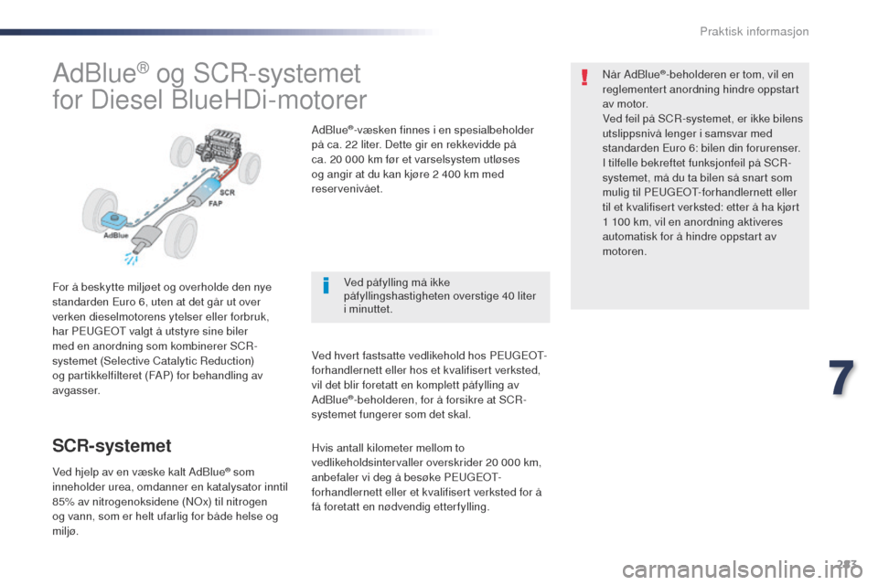 Peugeot Expert VU 2016  Brukerhåndbok (in Norwegian) 283
Expert_no_Chap07_info-pratiques_ed01-2016
AdBlue® og SCR-systemet
for Diesel BlueHDi-motorer
For å beskytte miljøet og overholde den nye 
standarden Euro 6, uten at det går ut over 
verken die