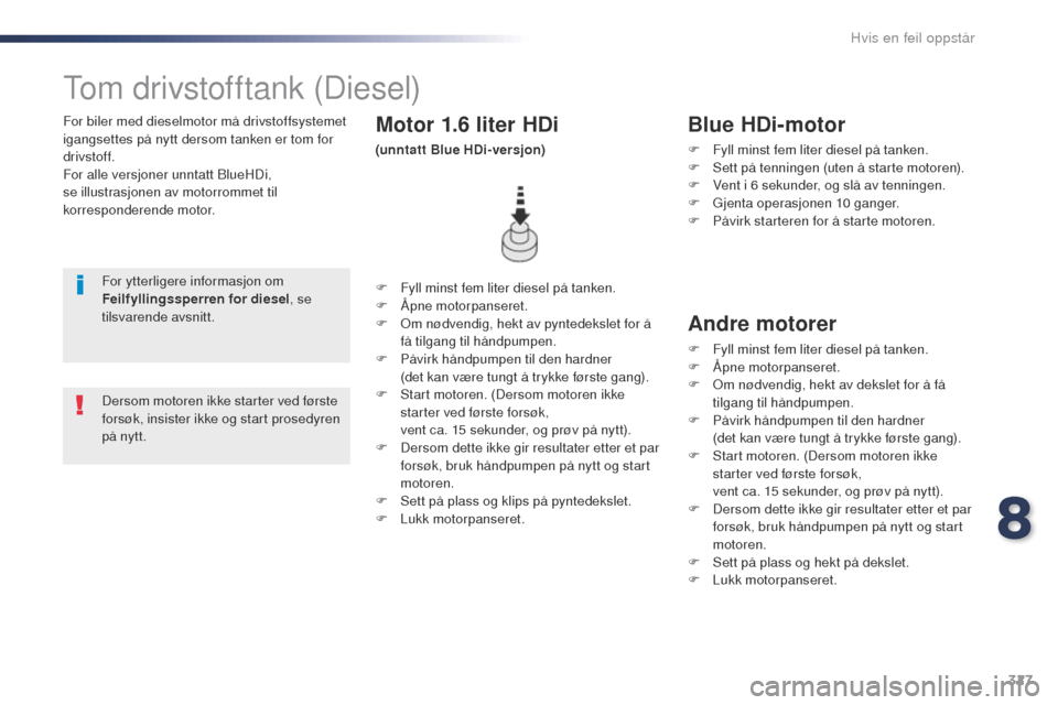 Peugeot Expert VU 2016  Brukerhåndbok (in Norwegian) 327
Expert_no_Chap08_En-cas-de-panne_ed01-2016
For biler med dieselmotor må drivstoffsystemet 
igangsettes på nytt dersom tanken er tom for 
drivstoff.
For alle versjoner unntatt BlueHDi, 
se illust