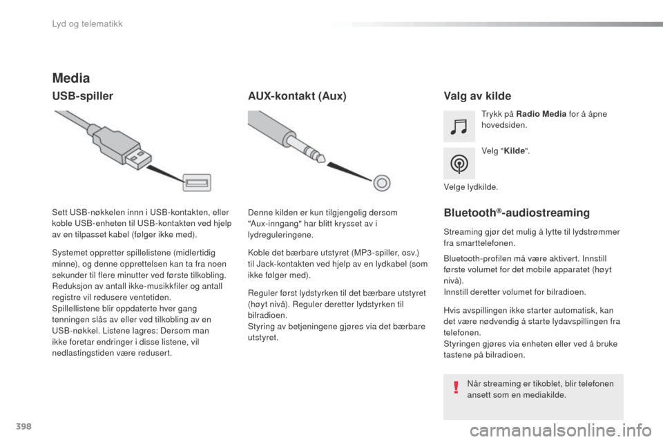 Peugeot Expert VU 2016  Brukerhåndbok (in Norwegian) 398
Expert_no_Chap10b_NAC-1_ed01-2016
Media
USB-spillerValg av kilde
Velg "Kilde".
tr
ykk på Radio Media
 for å åpne 
hovedsiden.
Systemet oppretter spillelistene (midlertidig 
minne), og denne opp