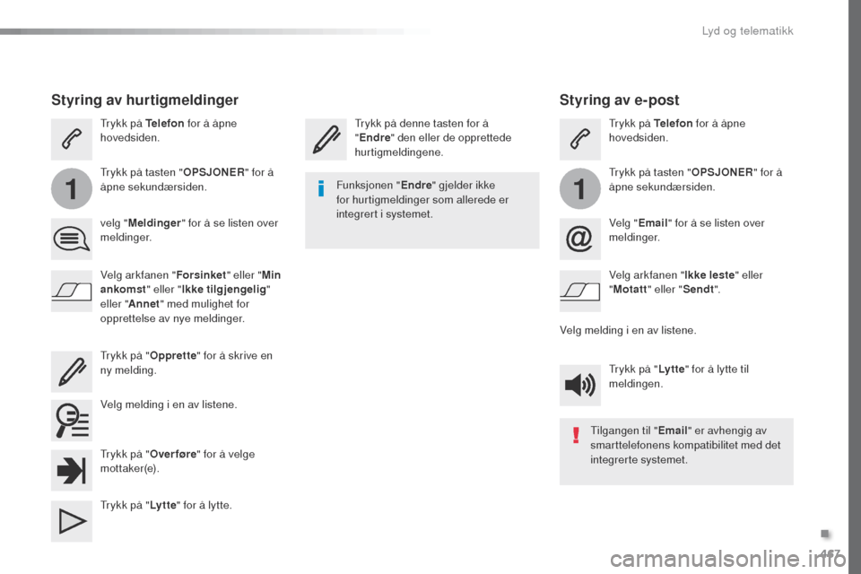 Peugeot Expert VU 2016  Brukerhåndbok (in Norwegian) 467
11
Expert_no_Chap10c_RCC-1_ed01-2016
Styring av e-post
trykk på denne tasten for å 
"Endre " den eller de opprettede 
hurtigmeldingene.tr ykk på Telefon
 for å åpne 
hovedsiden.
tr

ykk på t