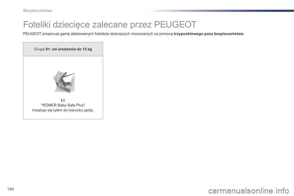 Peugeot Expert VU 2016  Instrukcja Obsługi (in Polish) 180
Expert_pl_Chap05_securite_ed01-2016
Foteliki dziecięce zalecane przez PEUGEOT
PEUGEOT proponuje gamę atestowanych fotelików dziecięcych mocowanych za pomocą trzypunktowego pasa bezpieczeństw