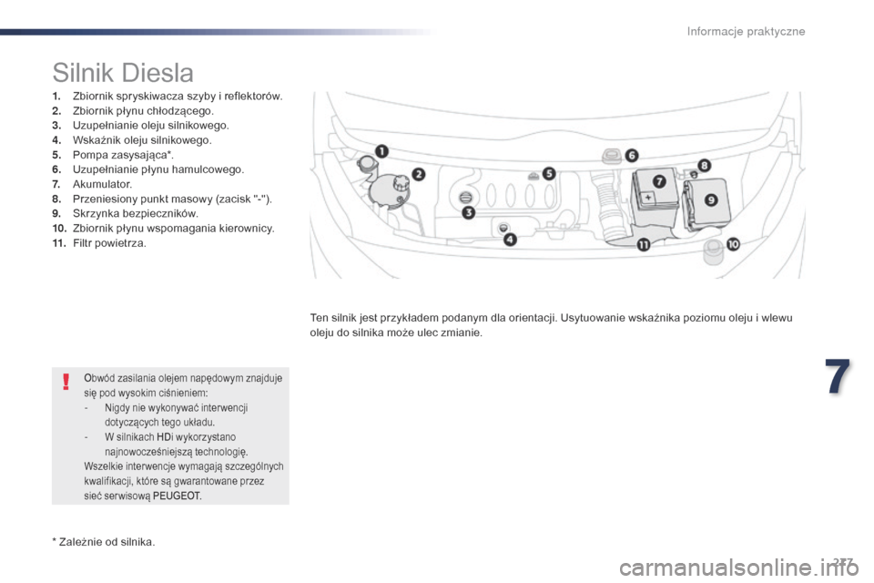 Peugeot Expert VU 2016  Instrukcja Obsługi (in Polish) 277
Expert_pl_Chap07_info-pratiques_ed01-2016
* Zależnie od silnika.
Silnik Diesla
1. Zbiornik spryskiwacza szyby i  reflektorów.
2. Z biornik płynu chłodzącego.
3.
 U

zupełnianie oleju silniko