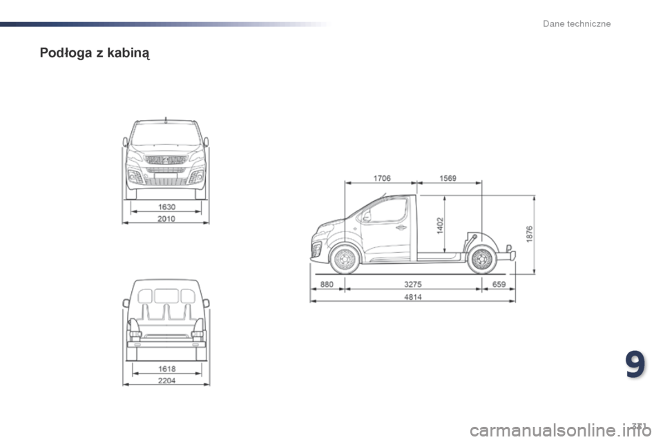 Peugeot Expert VU 2016  Instrukcja Obsługi (in Polish) 331
Expert_pl_Chap09_caracteristiques-techniques_ed01-2016
Podłoga z kabiną
9 
D  