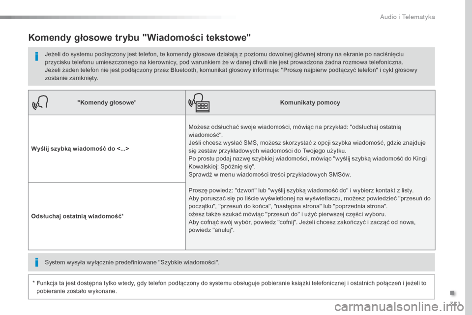 Peugeot Expert VU 2016 Instrukcja Obsługi (in Polish) 351
Expert_pl_Chap10b_NAC-1_ed01-2016
"Komendy głosowe" Komunikaty pomocy
Wyślij szybką wiadomość do <...> Możesz odsłuchać swoje wiadomości, mówiąc na przykład: "odsłuchaj ostatnią
wia Peugeot Expert VU 2016 Instrukcja Obsługi (in Polish) 351
Expert_pl_Chap10b_NAC-1_ed01-2016
"Komendy głosowe" Komunikaty pomocy
Wyślij szybką wiadomość do <...> Możesz odsłuchać swoje wiadomości, mówiąc na przykład: "odsłuchaj ostatnią
wia