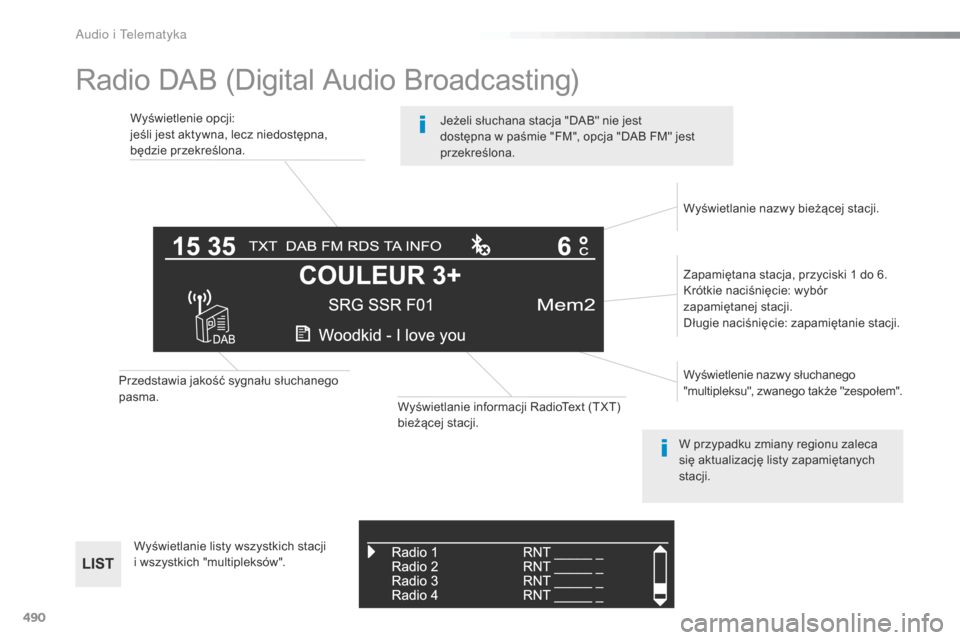 Peugeot Expert VU 2016  Instrukcja Obsługi (in Polish) 490
Radio DAB (Digital Audio Broadcasting)
Wyświetlenie opcji:
jeśli jest aktywna, lecz niedostępna, 
będzie przekreślona.Zapamiętana stacja, przyciski 1 do 6.
Krótkie naciśnięcie: wybór 
za