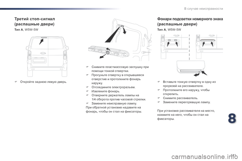 Peugeot Expert VU 2016  Инструкция по эксплуатации (in Russian) 311
Expert_ru_Chap08_En-cas-de-panne_ed01-2016
Фонари подсветки номерного знака
(распашные двери)
Тип A, W5W-5W
F
 
С

нимите пластмассо