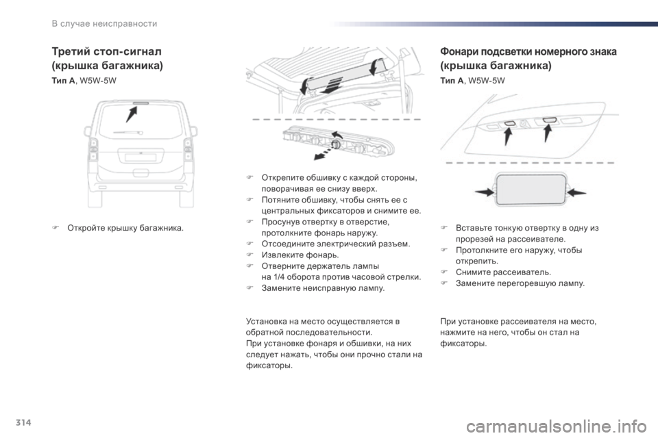 Peugeot Expert VU 2016  Инструкция по эксплуатации (in Russian) 314
Expert_ru_Chap08_En-cas-de-panne_ed01-2016
При установке рассеивателя на место, 
нажмите на него, чтобы он стал на 
фиксаторы.
F
 