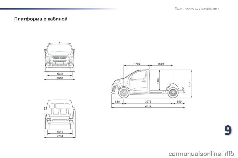 Peugeot Expert VU 2016  Инструкция по эксплуатации (in Russian) 331
Expert_ru_Chap09_caracteristiques-techniques_ed01-2016
Платформа с кабиной
9 
Технические характеристики  