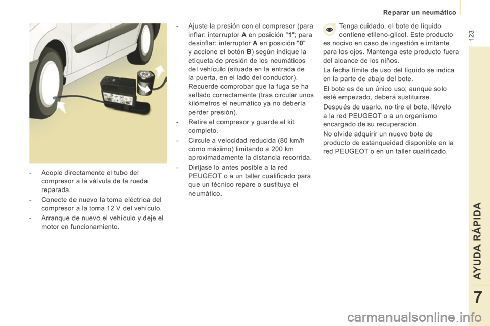 Peugeot Expert VU 2014 Manual del propietario (in Spanish) 123
Reparar un neumático
AYUDA RÁPIDA
7
Expert-VU_es_Chap07_Aide rapide_ed01-2014
- Ajuste la presión con el compresor (para inflar: interruptor A en posición " 1 "; para
desinf Peugeot Expert VU 2014 Manual del propietario (in Spanish) 123
Reparar un neumático
AYUDA RÁPIDA
7
Expert-VU_es_Chap07_Aide rapide_ed01-2014
- Ajuste la presión con el compresor (para inflar: interruptor A en posición " 1 "; para
desinf