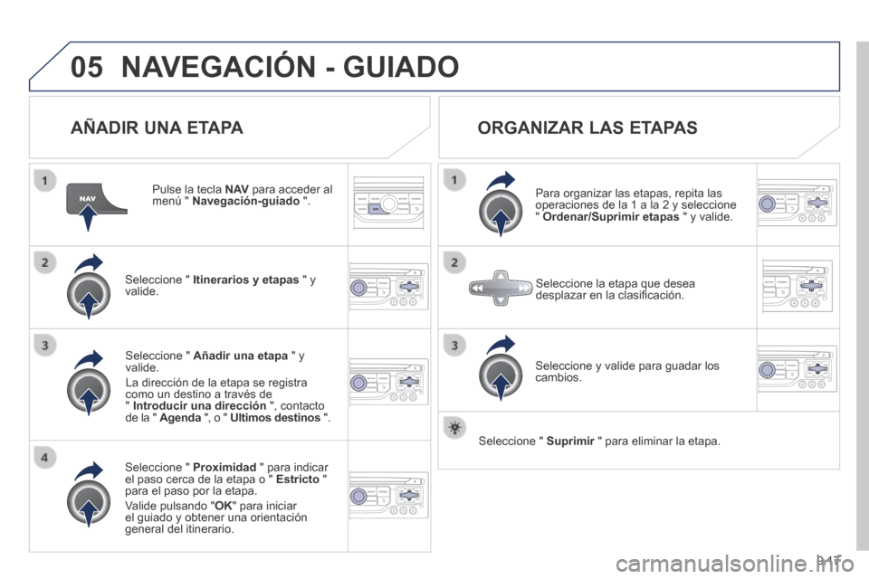 Peugeot Expert VU 2014  Manual del propietario (in Spanish) 9.17
05
Expert-VU_es_Chap09b_RT6-2-7_ed01-2014
 NAVEGACIÓN - GUIADO 
  AÑADIR  UNA  ETAPA 
  Pulse la tecla  N AV  para acceder al menú "  Navegación-guiado   ".  
  Seleccione  "   Itinerarios y 