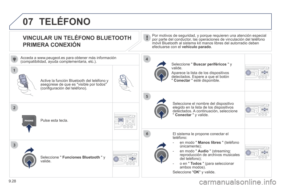 Peugeot Expert VU 2014  Manual del propietario (in Spanish) 9.28
07
Expert-VU_es_Chap09b_RT6-2-7_ed01-2014
            VINCULAR  UN  TELÉFONO  BLUETOOTH  
PRIMERA CONEXIÓN 
  Por motivos de seguridad, y porque requieren una atención especial por parte del c