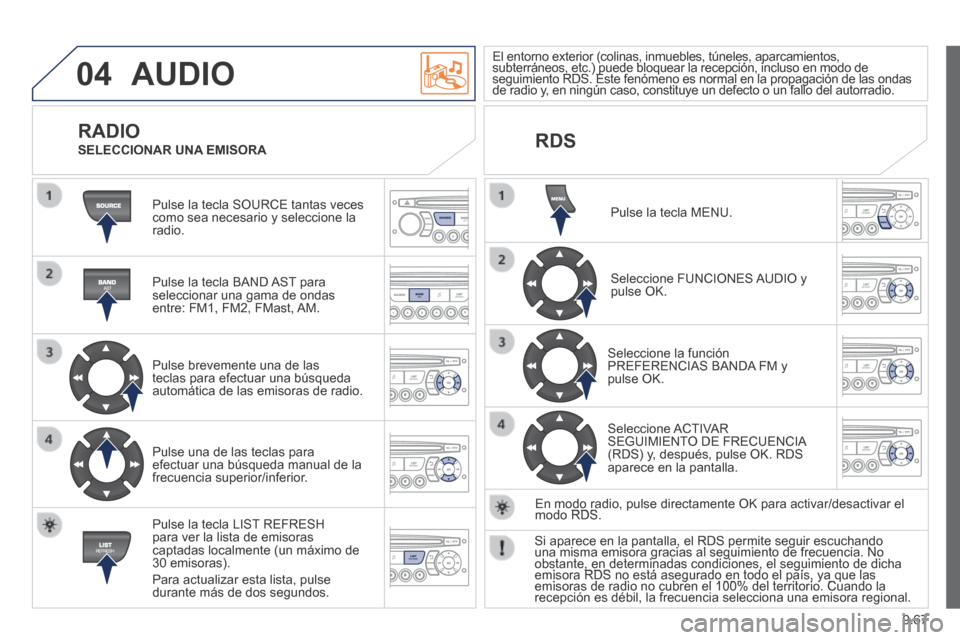 Peugeot Expert VU 2014  Manual del propietario (in Spanish) 9.67
04
Expert-VU_es_Chap09c_RD45_ed01_2013
 AUDIO 
 Pulse la tecla SOURCE tantas veces como sea necesario y seleccione la radio.  
  Pulse la tecla BAND AST para seleccionar una gama de ondas entre: 