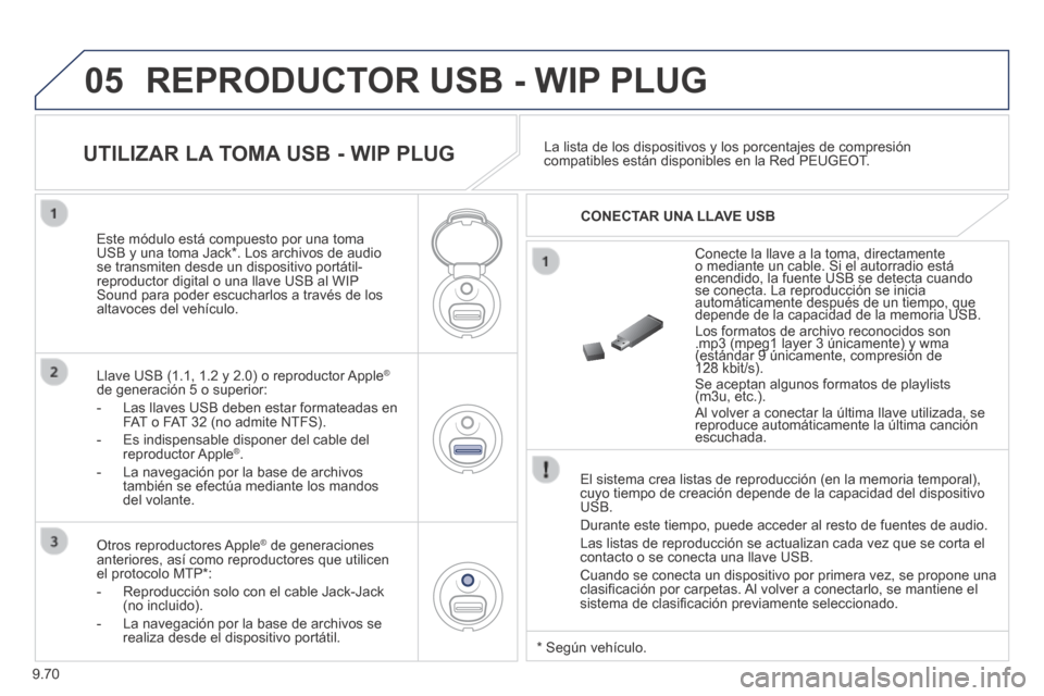 Peugeot Expert VU 2014  Manual del propietario (in Spanish) 9.70
05
Expert-VU_es_Chap09c_RD45_ed01_2013
 REPRODUCTOR USB - WIP PLUG 
  El sistema crea listas de reproducción (en la memoria temporal), cuyo tiempo de creación depende de la capacidad del dispos