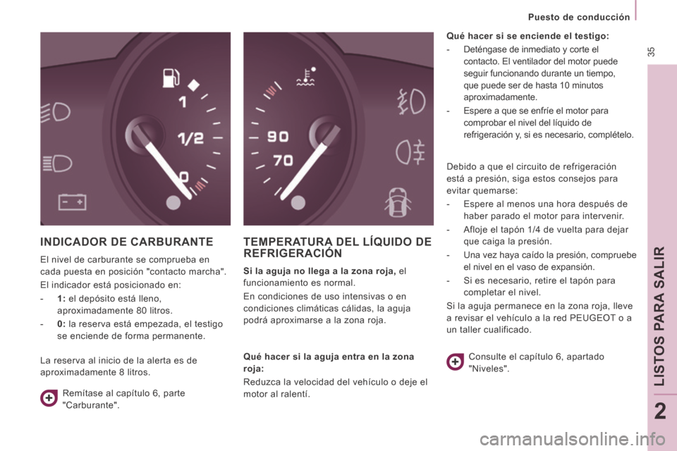 Peugeot Expert VU 2014  Manual del propietario (in Spanish)  35
   Puesto  de  conducción   
LISTOS PARA SALIR
2
Expert-VU_es_Chap02_Pret a Partir_ed01-2014
 INDICADOR DE CARBURANTE 
 El nivel de carburante se comprueba en 
cada puesta en posición "contacto 