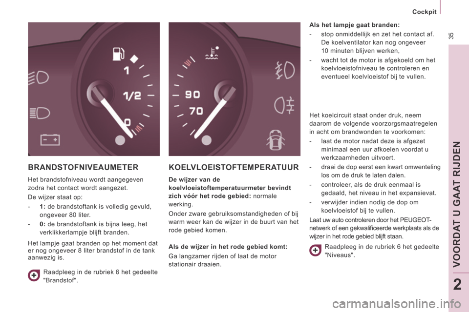 Peugeot Expert VU 2014 Handleiding (in Dutch) 35
Cockpit
VOORDAT U GAAT RIJDEN
2
Expert-VU_nl_Chap02_Pret a Partir_ed01-2014
BRANDSTOFNIVEAUMETER
Het brandstofniveau wordt aangegeven
zodra het contact wordt aangezet.
De wijzer staat Peugeot Expert VU 2014 Handleiding (in Dutch) 35
Cockpit
VOORDAT U GAAT RIJDEN
2
Expert-VU_nl_Chap02_Pret a Partir_ed01-2014
BRANDSTOFNIVEAUMETER
Het brandstofniveau wordt aangegeven
zodra het contact wordt aangezet.
De wijzer staat