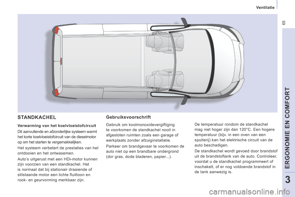 Peugeot Expert VU 2014 Handleiding (in Dutch) 65
Ventilatie
ERGONOMIE EN COMFORT
3
Expert-VU_nl_Chap03_Ergonomie et confort_ed01-2014
Gebruiksvoorschrift
Gebruik om koolmonoxidevergiftiging
te voorkomen de standkachel nooit in
afgesl Peugeot Expert VU 2014 Handleiding (in Dutch) 65
Ventilatie
ERGONOMIE EN COMFORT
3
Expert-VU_nl_Chap03_Ergonomie et confort_ed01-2014
Gebruiksvoorschrift
Gebruik om koolmonoxidevergiftiging
te voorkomen de standkachel nooit in
afgesl