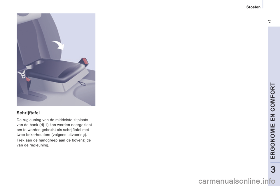 Peugeot Expert VU 2014  Handleiding (in Dutch)  71
   Stoelen   
ERGONOMIE EN COMFORT
3
Expert-VU_nl_Chap03_Ergonomie et confort_ed01-2014
  Schrijftafel 
 De rugleuning van de middelste zitplaats 
van de bank (rij 1) kan worden neergeklapt 
om te