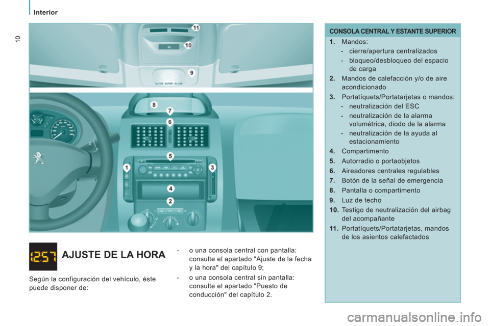 Peugeot Expert VU 2013  Manual del propietario (in Spanish) Interior
10   
CONSOLA CENTRAL Y ESTANTE SUPERIOR 
 
 
 
1. 
 Mandos: 
   
 
-  cierre/apertura centralizados 
   
-   bloqueo/desbloqueo del espacio 
de carga  
   
2. 
  Mandos de calefacción y/o d