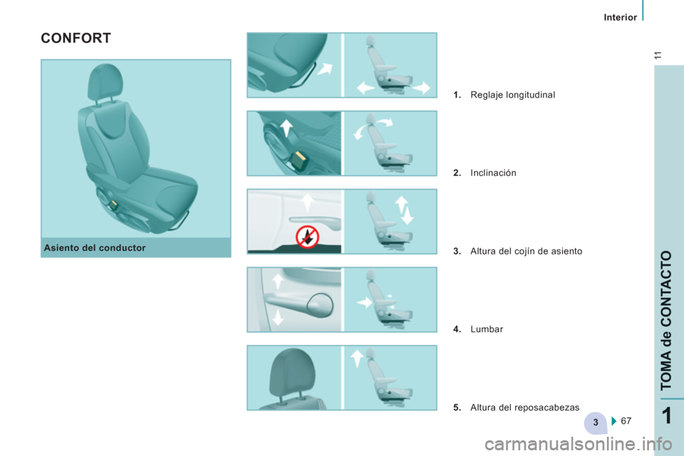 Peugeot Expert VU 2013  Manual del propietario (in Spanish) 3
11
   
 
Interior  
 
TOMA de CONTACTO
1
 
 
Asiento del conductor 
 
 
CONFORT 
 
 
 
1. 
 Reglaje longitudinal 
   
2. 
 Inclinación 
   
3. 
  Altura del cojín de asiento 
   
4. 
 Lumbar 
   
