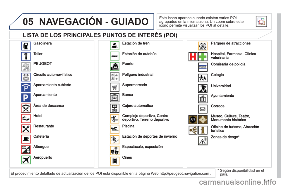 Peugeot Expert VU 2013  Manual del propietario (in Spanish) 9.15
05
   
LISTA DE LOS PRINCIPALES PUNTOS DE INTERÉS (POI) 
NAVEGACIÓN - GUIADO
 
Este icono aparece cuando existen varios POI 
agrupados en la misma zona. Un zoom sobre este 
icono permite visual