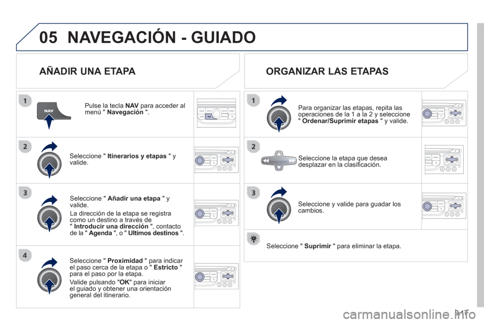 Peugeot Expert VU 2013  Manual del propietario (in Spanish) 9.17
05NAVEGACIÓN - GUIADO
   
AÑADIR UNA ETAPA 
 
 
Pulse la tecla NAVpara acceder al menú " Navegación".
Seleccione "  Itinerarios y etapas 
 " yvalide.
Seleccione "  Proximidad 
 " para indicar