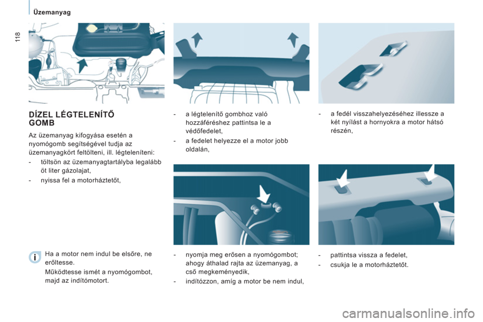 Peugeot Expert VU 2013  Kezelési útmutató (in Hungarian) 118
   
 
Üzemanyag  
 
 
DÍZEL LÉGTELENÍTŐ
GOMB 
  Az üzemanyag kifogyása esetén a 
nyomógomb segítségével tudja az 
üzemanyagkört feltölteni, ill. légteleníteni: 
   
 
-   töltsö