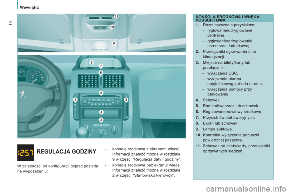 Peugeot Expert VU 2013  Instrukcja Obsługi (in Polish) Wewnątrz
10
 
 
KONSOLA ŚRODKOWA I WNĘKA 
PODSUFITOWA 
   
 
1. 
 Rozmieszczenie przycisków: 
   
 
-  ryglowanie/odryglowanie 
centralne, 
   
-  ryglowanie/odryglowanie 
przestrzeni ładunkowej.