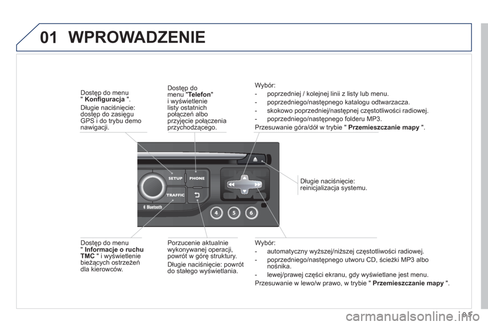 Peugeot Expert VU 2013 Instrukcja Obsługi (in Polish) 9.5
01
Wybór:
- automatyczny wyższej/niższej częstotliwości radiowej.
- poprzedniego
/następnego utworu CD, ścieżki MP3 albo nośnika.
- lewej
/prawej części ekranu, gdy wyświetlane jes Peugeot Expert VU 2013 Instrukcja Obsługi (in Polish) 9.5
01
Wybór:
- automatyczny wyższej/niższej częstotliwości radiowej.
- poprzedniego
/następnego utworu CD, ścieżki MP3 albo nośnika.
- lewej
/prawej części ekranu, gdy wyświetlane jes