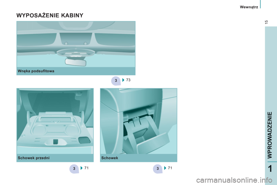 Peugeot Expert VU 2013  Instrukcja Obsługi (in Polish) 3
33
15
   
 
Wewnątrz  
 
WPROWADZENI
E
1
 
 
Wnęka podsufitowa 
  73  
 
 
WYPOSAŻENIE KABINY 
 
 
Schowek przedni 
  71   71  
     
Schowek  