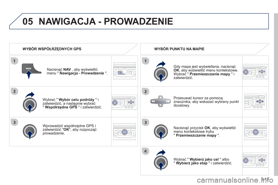 Peugeot Expert VU 2013  Instrukcja Obsługi (in Polish) 9.13
05
   
Wybrać " Wybór celu podróży" i 
zatwierdzić, a następnie wybrać"  Współrzędne GPS 
 " i zatwierdzić.
   
Wprowadzić współrzędne  
GPS 
 i 
zatwierdzić " OK 
", aby rozpocz