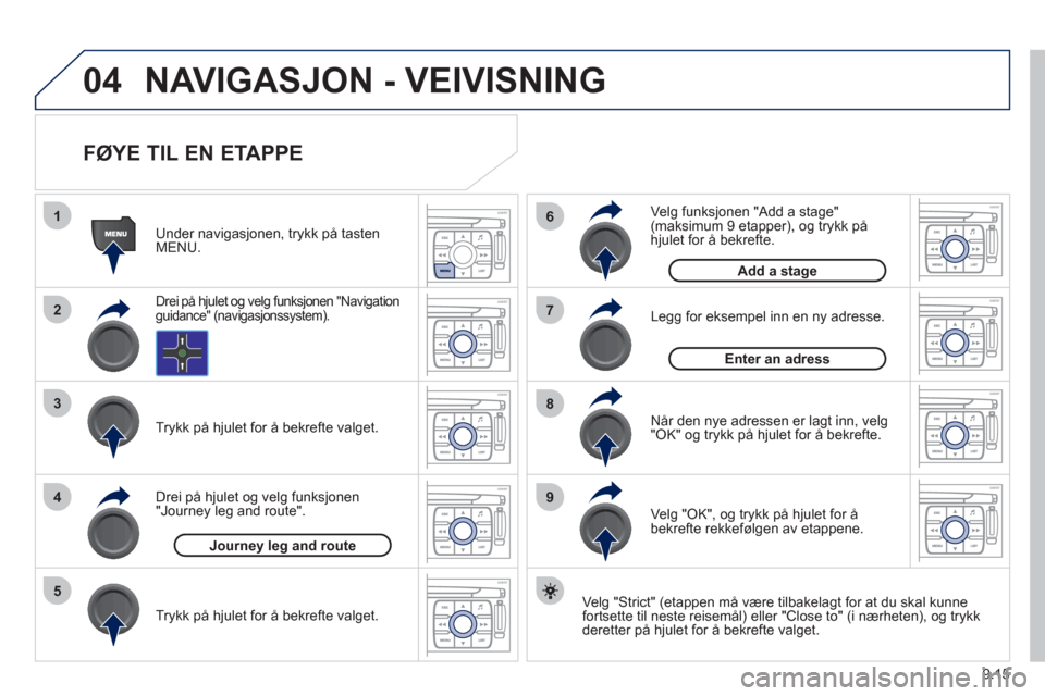 Peugeot Expert VU 2012  Brukerhåndbok (in Norwegian) 9.15
04
1
2
3
5
6
7
8
94
NAVIGASJON - VEIVISNING 
   
FØYE TIL EN ETAPPE 
 
 
Ve lg "Strict" (etappen må være tilbakelagt for at du skal kunne 
fortsette til neste reisemål) eller "Close to" (i n
