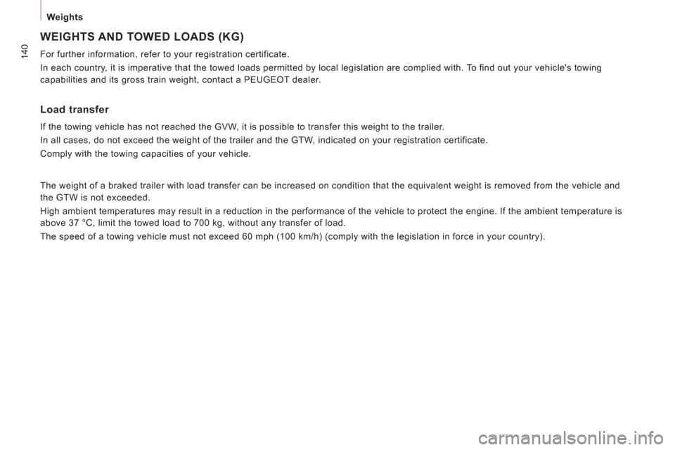 Peugeot Expert VU 2011  Owners Manual 140
Weights
  WEIGHTS AND TOWED LOADS (KG) 
 
For further information, refer to your registration certificate. 
  In each country, it is imperative that the towed loads permitted by local legislation 