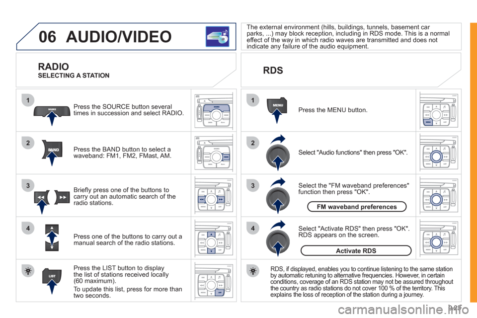 Peugeot Expert VU 2011  Owners Manual 9.23
06
1
2
4
3
1
2
4
3
AUDIO/VIDEO 
   
RADIO 
Press the BAND button to select awaveband: FM1, FM2, FMast, AM. Pr
ess the SOURCE button several
times in succession and select RADIO.  
Press the LIST 