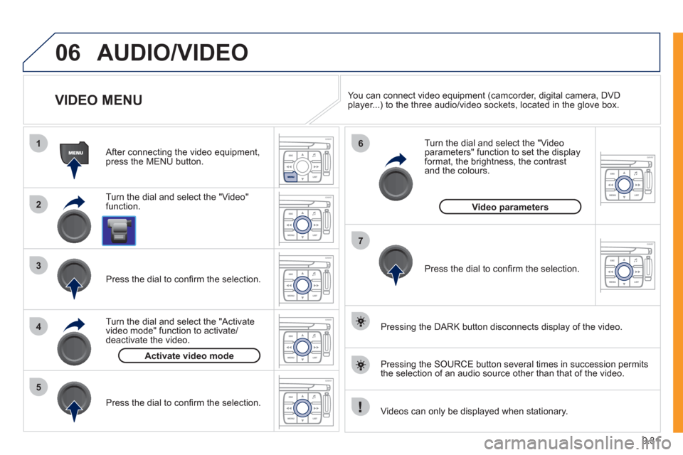 Peugeot Expert VU 2011  Owners Manual 9.31
06
1
2
4
3
7
5
6
AUDIO/VIDEO 
   
 
 
 
 
 
 
 
 
 
 
 
VIDEO MENU 
 
 
Turn the dial and select the "Video"
function.    
After connecting the video equipment,press the MENU button.  
   
Pr
ess