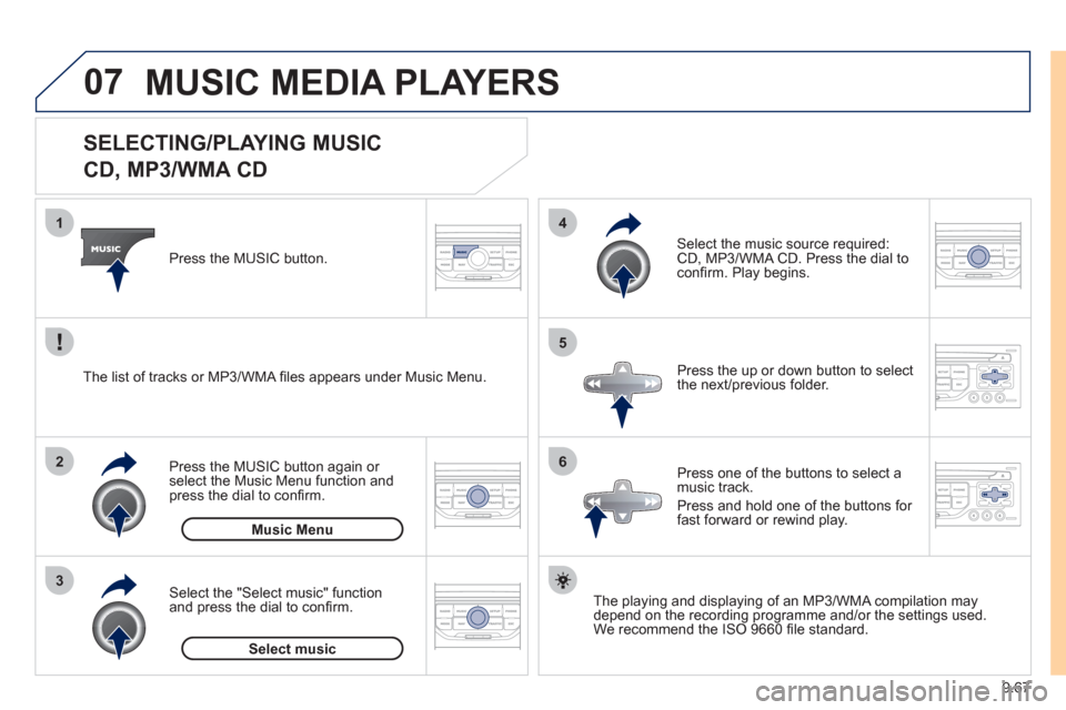 Peugeot Expert VU 2011  Owners Manual 9.67
07
3 2 1
6
4
5
   
 
 
 
 
 
 
 
 
 
 
 
SELECTING/PLAYING MUSIC  
CD, MP3/WMA CD 
The playing and displaying of an MP3/WMA compilation may
depend on the recording programme and/or the settings u