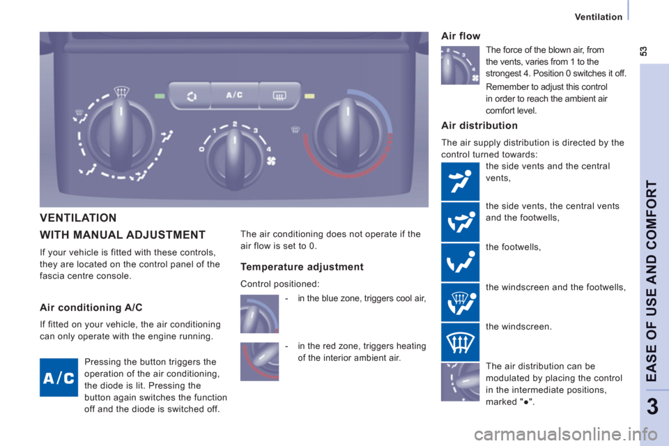 Peugeot Expert VU 2011  Owners Manual Ventilation
EASE OF USE AND COMFOR
T
3
  WITH MANUAL ADJUSTMENT 
 
If your vehicle is fitted with these controls,
the
y are located on the control panel of the 
fascia centre console. 
   Air distribu
