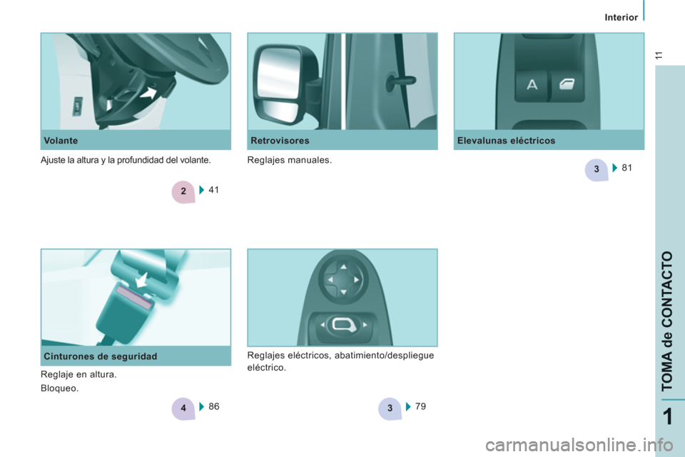Peugeot Expert VU 2011  Manual del propietario (in Spanish) 2
4
3
3
11
   
 
Interior 
 
 
TOMA de CONTACTO
1
 
 
Cinturones de seguridad    
Volante  
 
Elevalunas eléctricos   
 
Retrovisores 
  41  
  86    81  
 
  79     Reglajes eléctricos, abatimiento