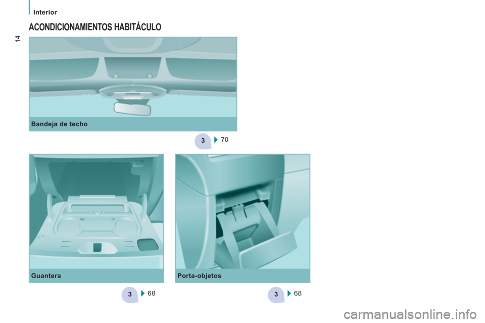 Peugeot Expert VU 2011  Manual del propietario (in Spanish) 3
33
   
 
Interior  
 
14
 
 
Bandeja de techo 
  70  
 
 
ACONDICIONAMIENTOS HABITÁCULO 
 
 
Guantera 
  68   68  
     
Porta-objetos  