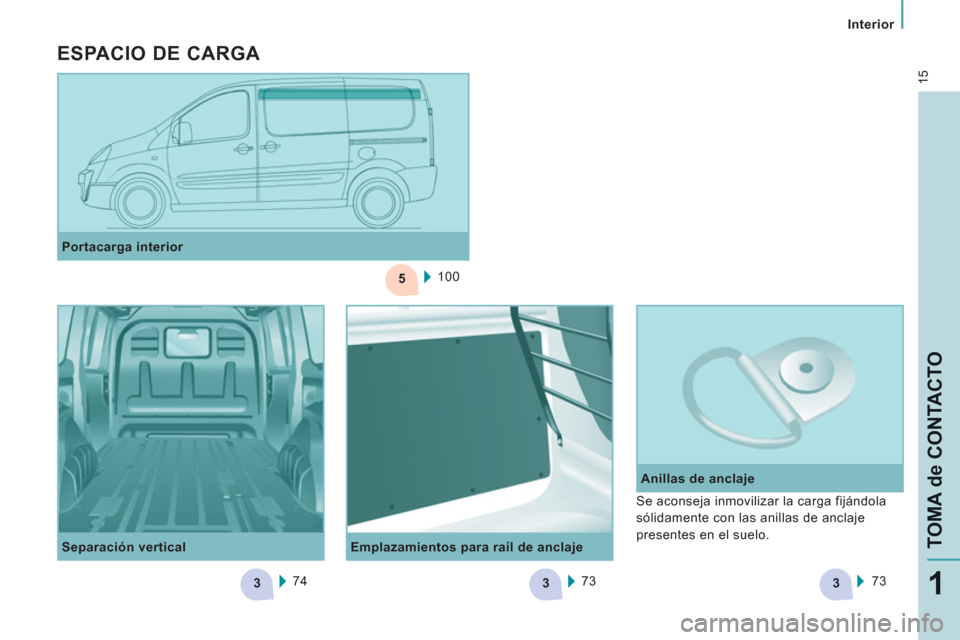 Peugeot Expert VU 2011  Manual del propietario (in Spanish) 5
333
15
   
 
Interior 
 
 
TOMA de CONTACTO
1
 
 
Emplazamientos para raíl de anclaje    
Anillas de anclaje     
Portacarga interior 
  100  
   
Separación vertical 
  74   
73    
73  
   Se ac