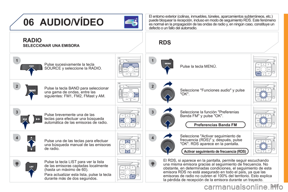 Peugeot Expert VU 2011  Manual del propietario (in Spanish) 9.23
06
1
2
4
3
1
2
4
3
AUDIO/VÍDEO 
   
RADIO 
Pulse la tecla BAND para seleccionar una gama de ondas, entre las
siguientes: FM1, FM2, FMast y AM.   P
ulse sucesivamente la tecla SOURCE y seleccione