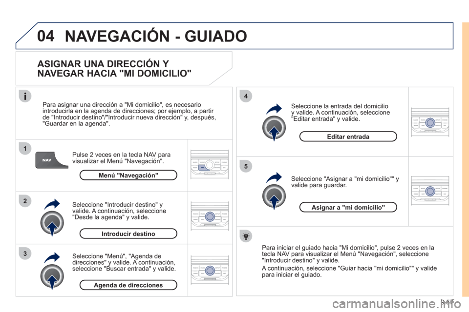 Peugeot Expert VU 2011 Manual del propietario (in Spanish) 9.57
04
1
2
3
5
4
NAVEGACIÓN - GUIADO
ASIGNAR UNA DIRECCIÓN Y
NAVEGAR HACIA "MI DOMICILIO"
Pulse 2 veces en la tecla NAV para
visualizar el Menú "Navegación".
Para asi
gnar una direcc Peugeot Expert VU 2011 Manual del propietario (in Spanish) 9.57
04
1
2
3
5
4
NAVEGACIÓN - GUIADO
ASIGNAR UNA DIRECCIÓN Y
NAVEGAR HACIA "MI DOMICILIO"
Pulse 2 veces en la tecla NAV para
visualizar el Menú "Navegación".
Para asi
gnar una direcc