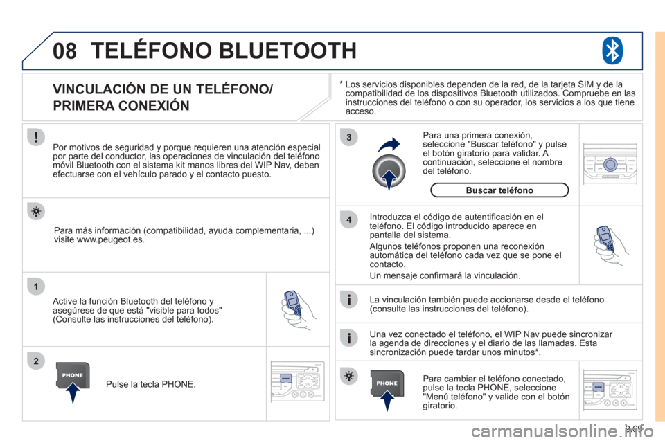 Peugeot Expert VU 2011 Manual del propietario (in Spanish) 9.69
08
1
2
3
4
TELÉFONO BLUETOOTH
*
Los servicios disponibles dependen de la red, de la tarjeta SIM y de la compatibilidad de los dispositivos Bluetooth utilizados. Compruebe en las
instruccion Peugeot Expert VU 2011 Manual del propietario (in Spanish) 9.69
08
1
2
3
4
TELÉFONO BLUETOOTH
*
Los servicios disponibles dependen de la red, de la tarjeta SIM y de la compatibilidad de los dispositivos Bluetooth utilizados. Compruebe en las
instruccion
