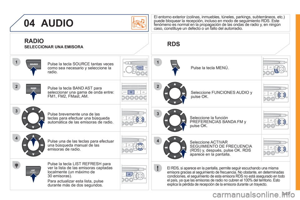 Peugeot Expert VU 2011 Manual del propietario (in Spanish) 9.87
04
1
2
3
4
1
2
3
4
AUDIO
Pulse la tecla SOURCE tantas vecescomo sea necesario y seleccione laradio.
Pulse la tecla BAND A
ST paraseleccionar una gama de onda entre:
FM1, FM2, FMast, A Peugeot Expert VU 2011 Manual del propietario (in Spanish) 9.87
04
1
2
3
4
1
2
3
4
AUDIO
Pulse la tecla SOURCE tantas vecescomo sea necesario y seleccione laradio.
Pulse la tecla BAND A
ST paraseleccionar una gama de onda entre:
FM1, FM2, FMast, A
