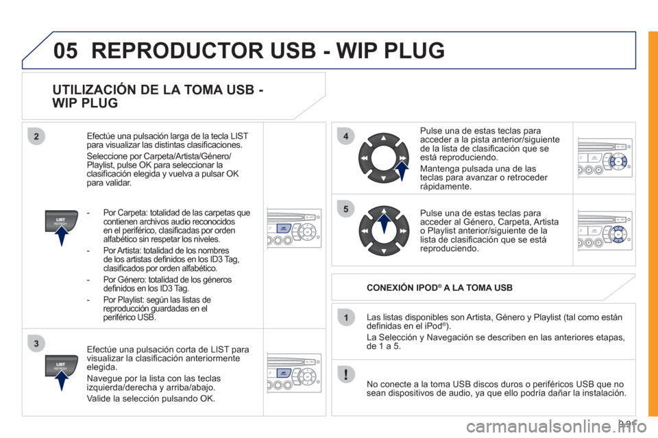 Peugeot Expert VU 2011 Manual del propietario (in Spanish) 9.91
05
42
3
1
5
REPRODUCTOR USB - WIP PLUG
UTILIZACIÓN DE LA TOMA USB -
WIP PLUG
Efectúe una pulsación corta de LIST para
visualizar la clasifi caciÛn anteriormenteelegida.
Nave
gu Peugeot Expert VU 2011 Manual del propietario (in Spanish) 9.91
05
42
3
1
5
REPRODUCTOR USB - WIP PLUG
UTILIZACIÓN DE LA TOMA USB -
WIP PLUG
Efectúe una pulsación corta de LIST para
visualizar la clasifi caciÛn anteriormenteelegida.
Nave
gu